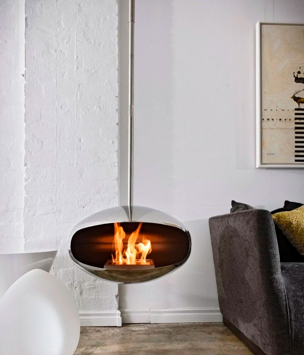 Biofireplace Cocoon Fires Aeris Polished Steel with Steel Pole